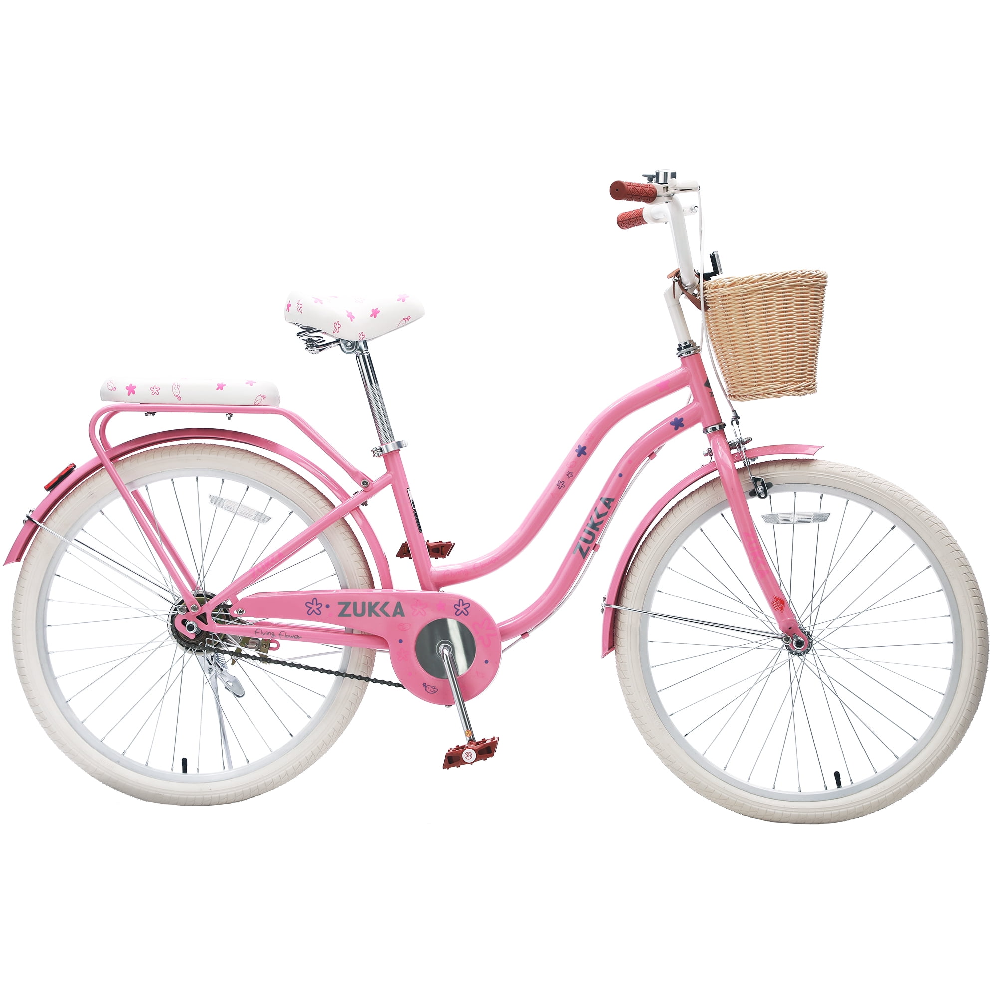 Aukfa 24" Retro Beach Cruiser Bike for Women & Girls, Single Speed City Commuter Bicycle with Basket & Rear Rack,Pink