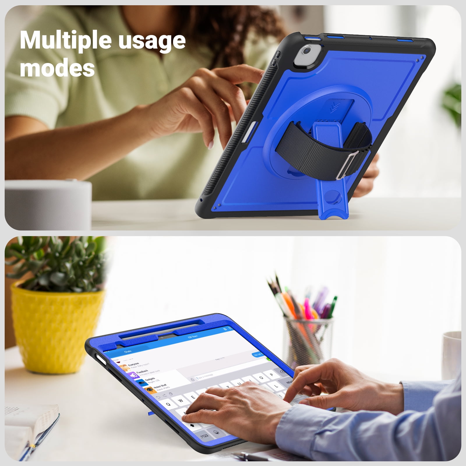 ELEHOLD Case for Apple iPad Air 13 (2024),Soft TPU Rugged Durable Case with 360° Rotating Hand Strap & Foldable Hidden Stand & Pencil Holder,Darkblue