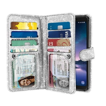 Silver Nokia Pouch - NEXTKIN Multi Card Slots Double Flap Bling Glitter Wallet Pouch Case for Samsung Galaxy S8 Active, Silver