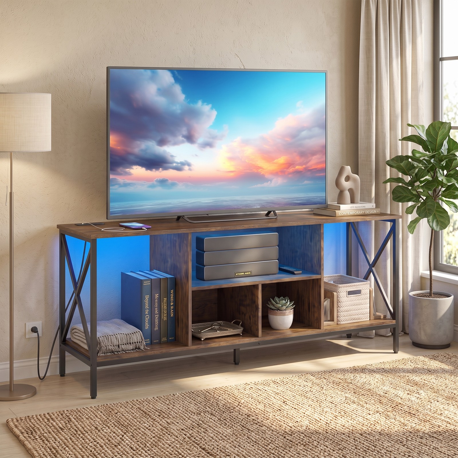 Furnibear LED TV Stand for 65 Inch TV, Entertainment Center with Power Outlets and USB Charging Station, Modern Media Console with 5 Open Shelves and, Rustic Brown