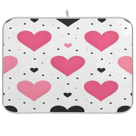 

joogoo Hearts and Polka Dots Dish Drying Mat Kitchen Counter Absorbent Drying Pad 18x24 in Drainer Rack