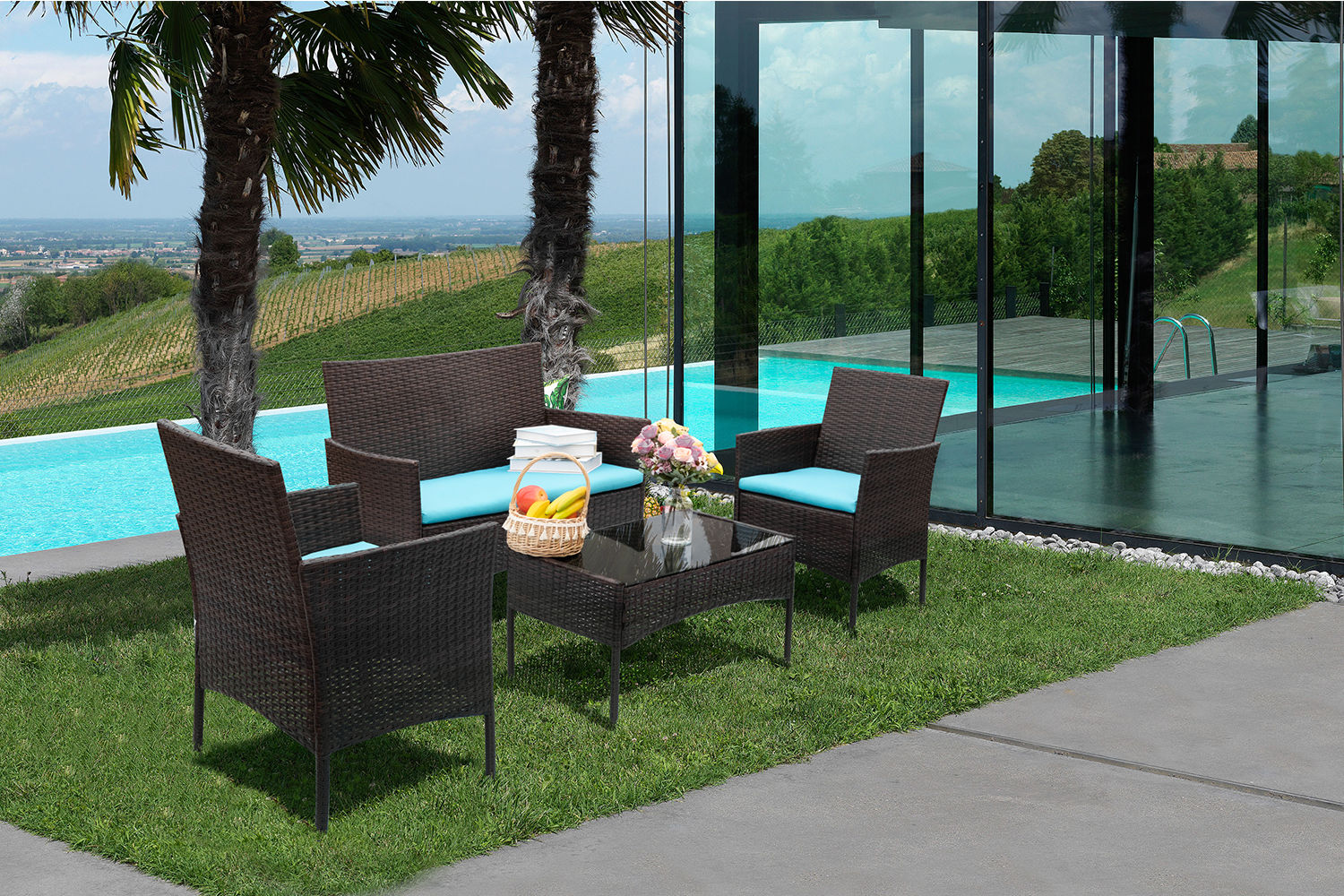 Lacoo 4 Pieces Outdoor Patio Furniture Brown PE Rattan Wicker Table and Chairs Set Bar Balcony Backyard Garden Porch Sets with Cushioned Tempered Glass, Blue Cushion - image 2 of 4