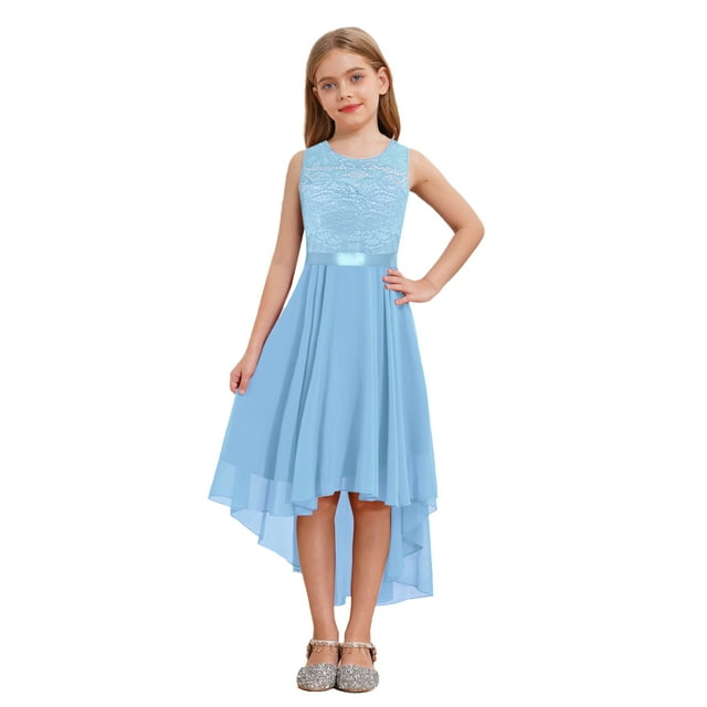 Choomomo Robe en Mousseline pour Fillettes, Asymétrique, Mariage, Demoiselle d'Honneur Junior, Bal, Fête, Dentelle Florale, Bleu Pâle 14
