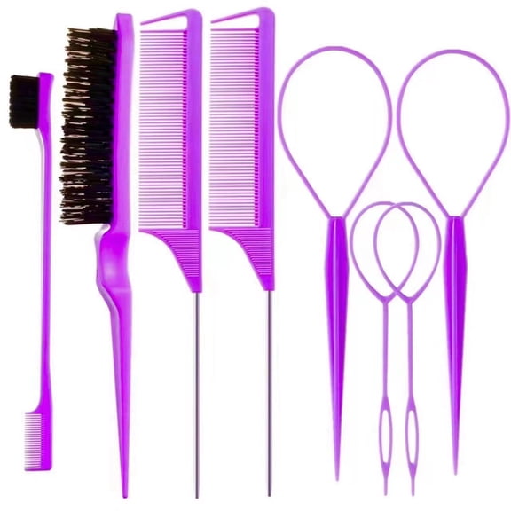 Deally 8 Pcs Hair Brushes Set with 4Pcs Topsy Hair Tail Tools 1Pcs Bristle Teasing Hair Brush 1Pcs Edge Control Brush 2Pcs Metal Pin Rat Tail Combs for hair Styling, Edge&Back Brushing,Pink