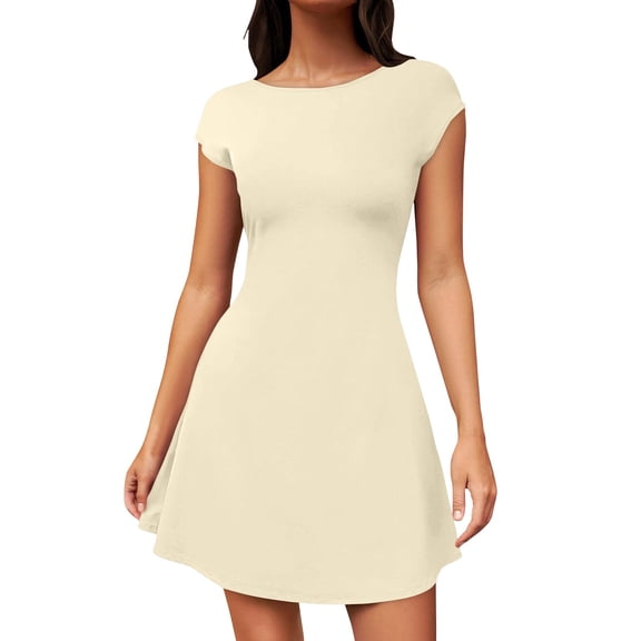 Women's Sexy Low Back Mini Dress Short Sleeve Crew Neck A-Line Graduation Sundress