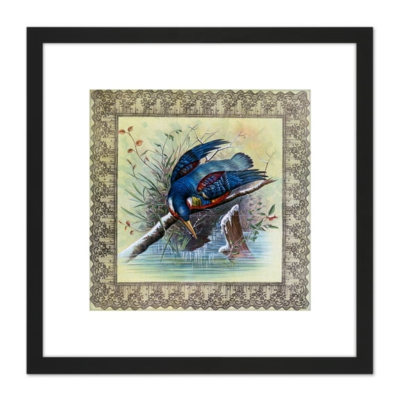Blue Bird Winter Fishing River Nature Illustration 8X8 Inch Square Wooden Framed Wall Art Print Picture with Mount