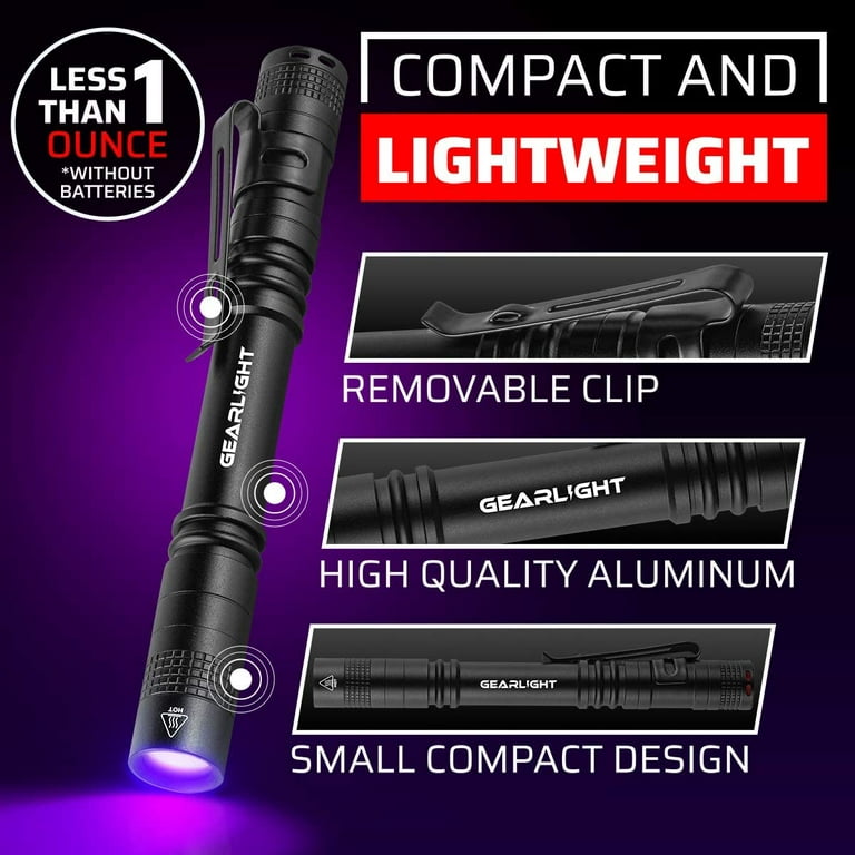  GearLight Linterna de luz negra UV S100 [paquete de 2] - Mini  luces ultravioleta de luz negra para fugas e inspección de hotel, detector  de orina de mascotas, chinches, escorpión, manchas