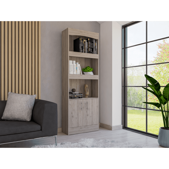 Cterwk Wood Bookshelf with 2 Door Cabinet and Metal Handle, 3 Tier Bookcase for Living Room, Office, Gray