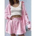 thumbnail image 5 of Women'S Cotton Summer 2 Piece Sets Long Sleeve Button Down Shirts Short Sets Vacation Outfits Pink M, 5 of 9