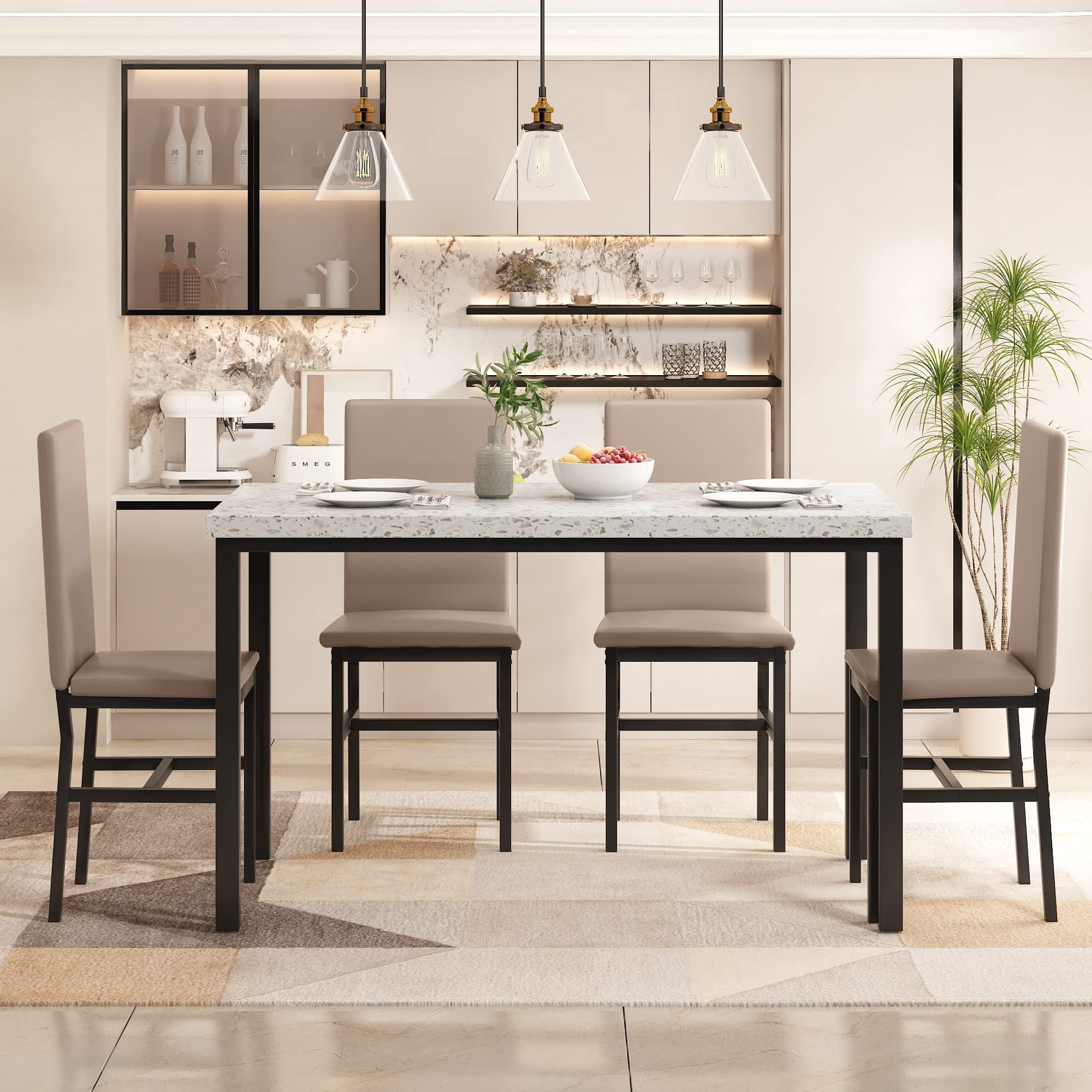 4-Person Dining Set, Modern Marble Dining Set, Includes Four PU Leather Upholstered Chairs, Rectangular Dining Table, Suitable for Apartments, Kitchens, and Dining Rooms.