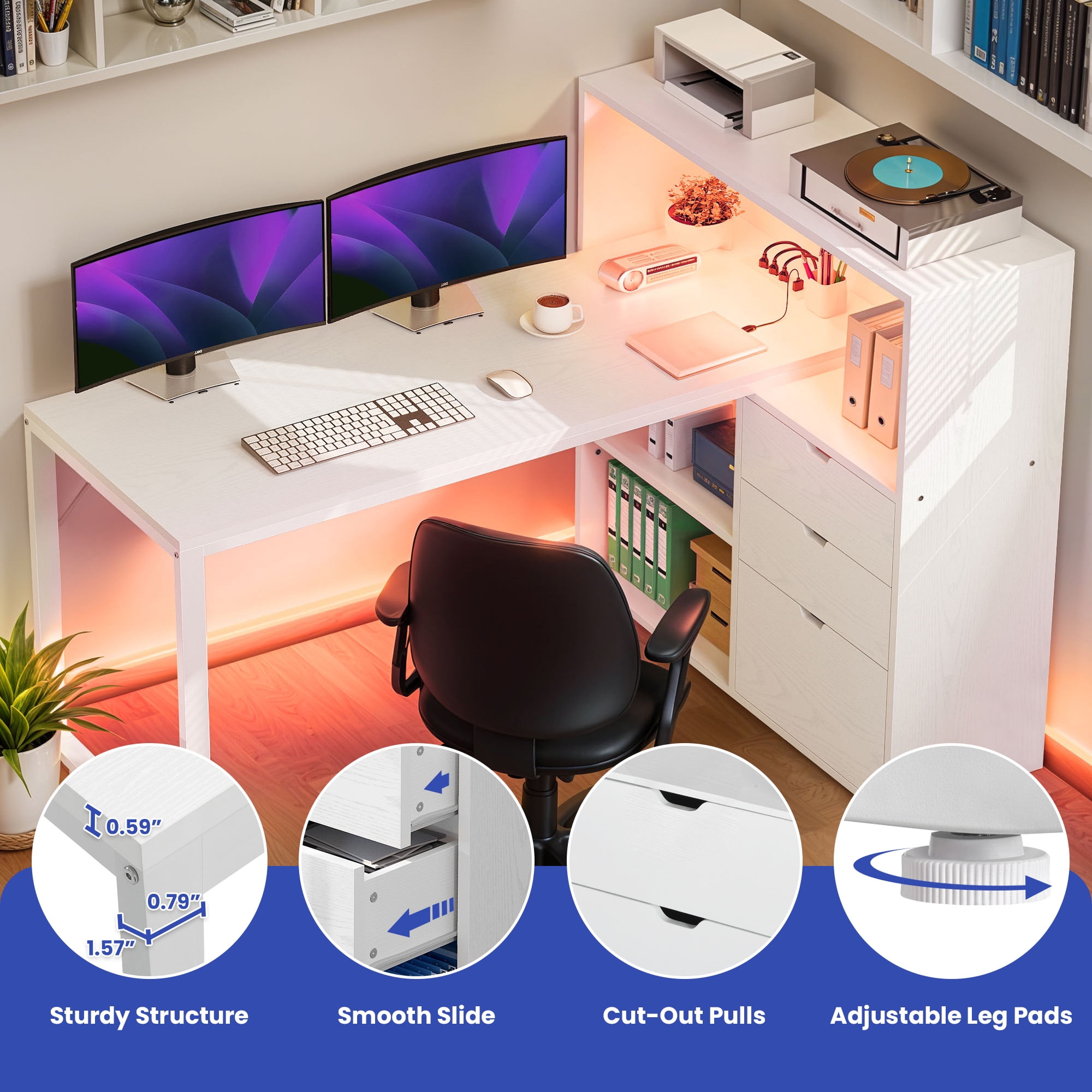 ModFusion 55" L Shaped Corner Computer Desk with Power Outlets, LED Lights, 3 Drawers and Bookshelf, White