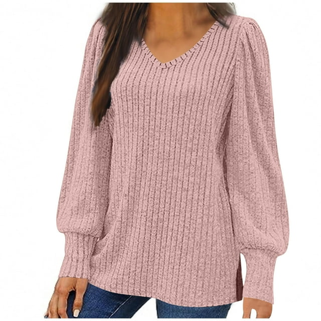Tqyyweavej T-Shirts à Manches Longues pour Femmes, Col en V, Coupe Ample, Style Tunique-5