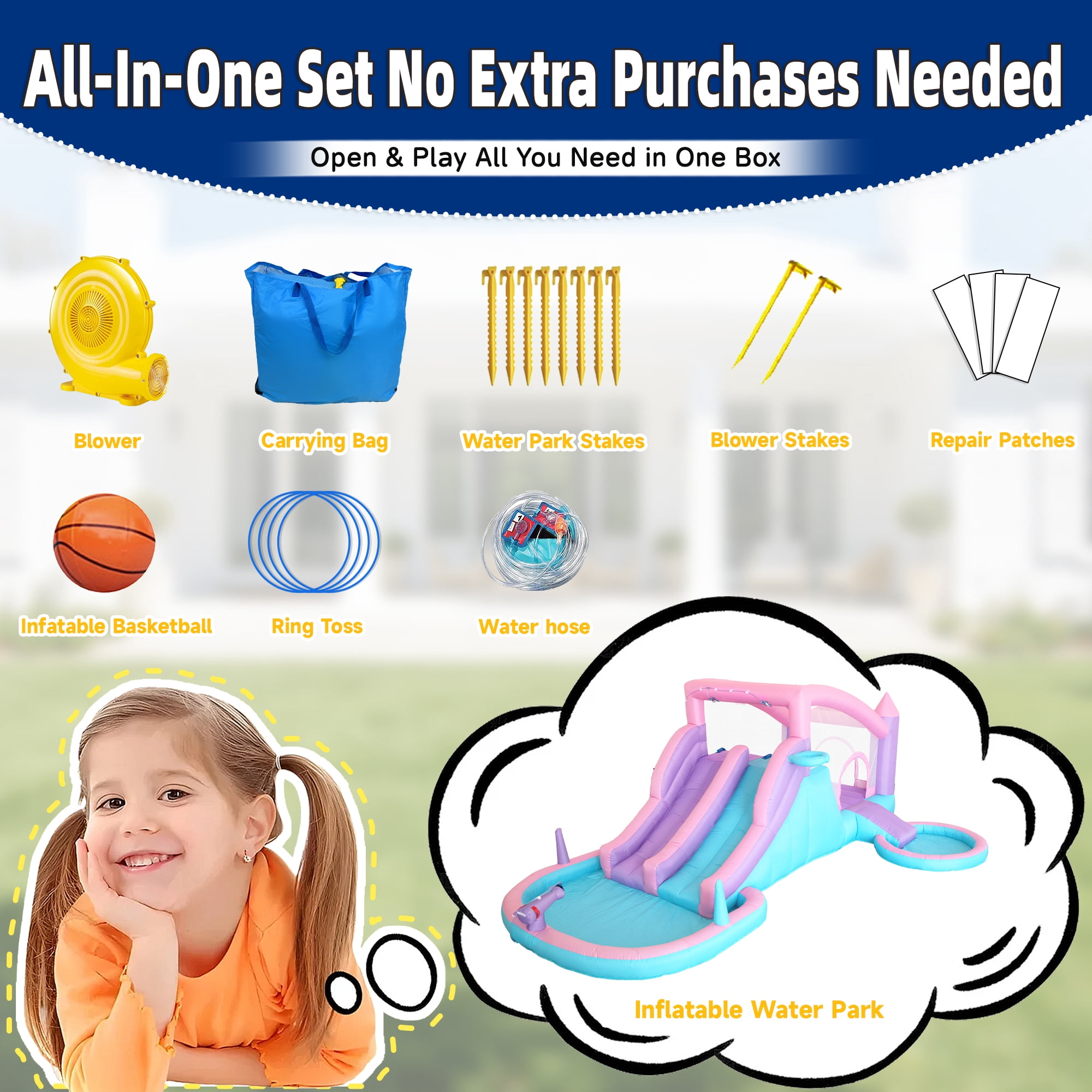 Anypool Inflatable Water Slide Bounce House 9-in-1 Backyard Water Park Double Racing Slides Splash Pool Ages 3-8