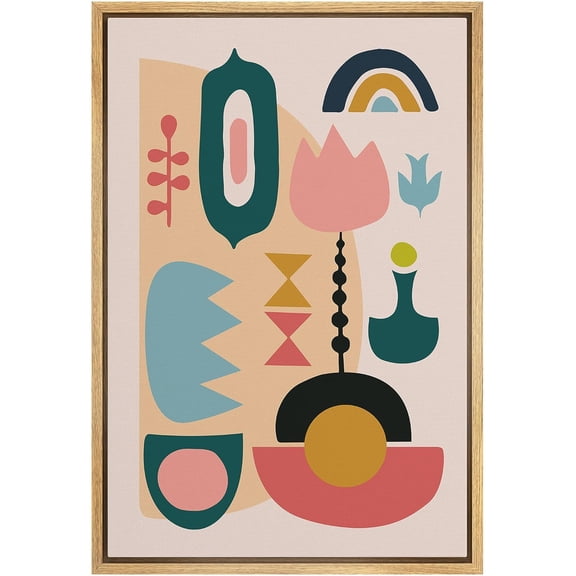 IDEA4WALL Framed Canvas Wall Art Rainbow Abstract Geometric Flowers & Vases Digital Art Nordic Boho Floral Modern Print Colorful Wall Decor for Nursery Room, Kindergarten - Natural 24"x36"