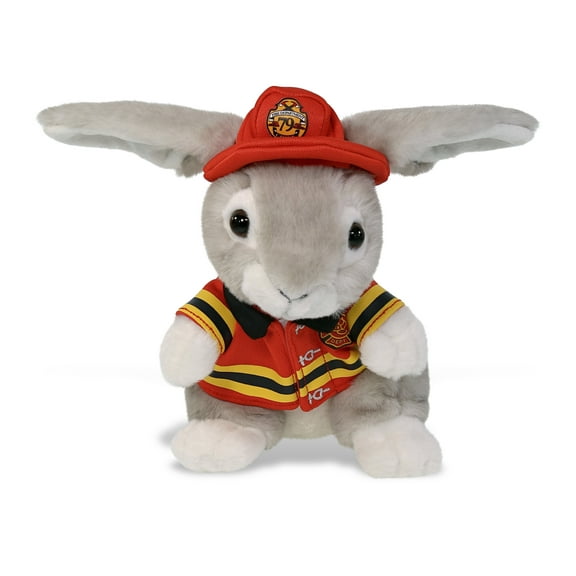 DolliBu Sitting Gray Rabbit Firefighter Stuffed Animal - Rabbit Fireman Toy with Red Fireman Costume Outfit and Fireman Hat, Farm Life Stuffed Animal Fire Fighter Doll Plush Toy for Kids - 6.5 Inch