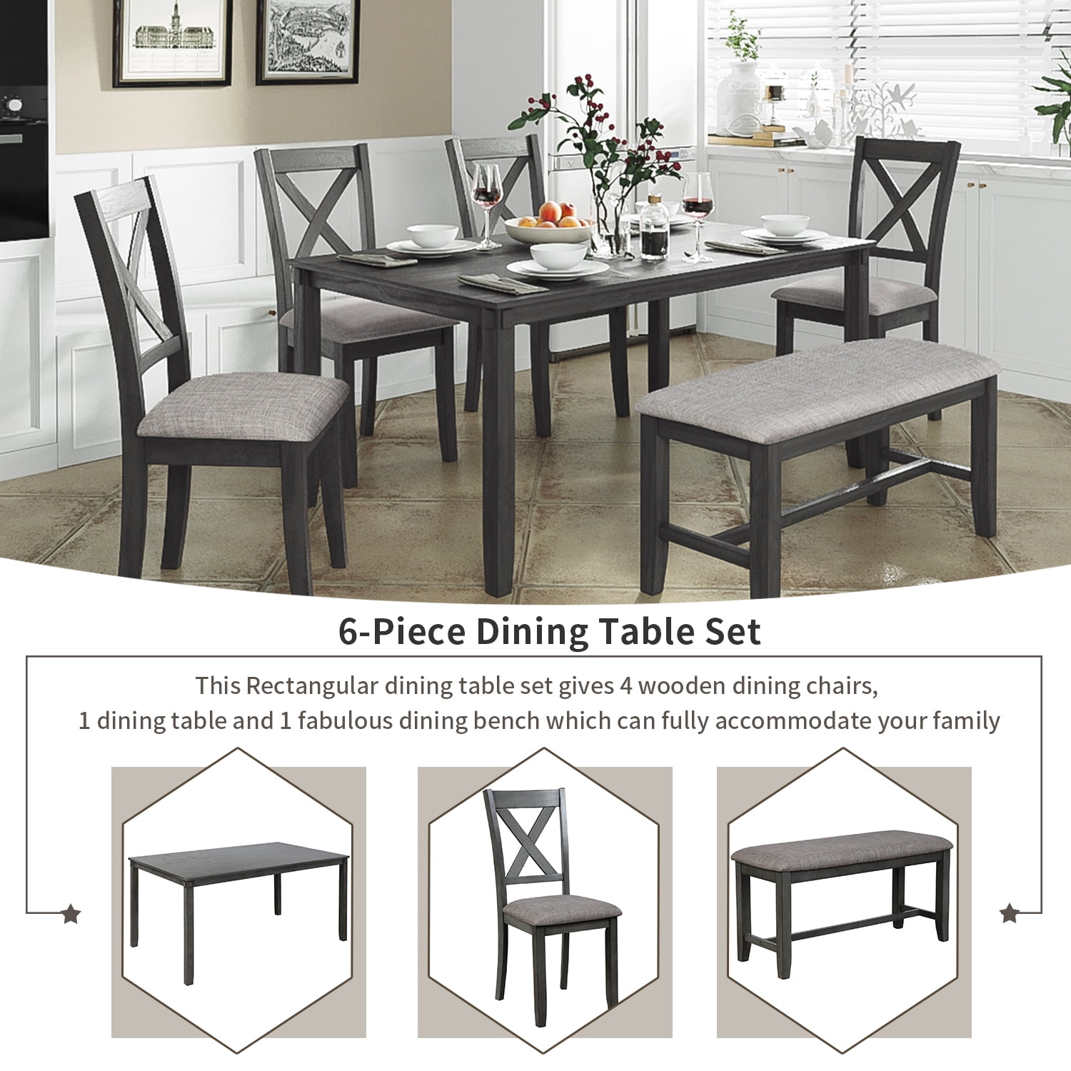 Kadyn Rectangular Dining Table Set 6 Pc, Wooden Modern Dining Chairs Seat, 6-piece Kitchen Dining Table Set Dining Table, 4 Dining Chairs and Bench, Gray Kadyn Rectangular Dining Table Set 6 Pc, Wooden Modern Dining Chairs Seat, 6-piece Kitchen Dining Table Set Dining Table, 4 Dining Chairs and Bench, Gray