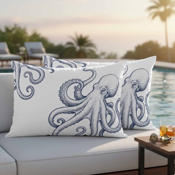 Octopus Coastal Outdoor Pillow Covers 20x12 Inch Lumbar Pillow Covers Set of 2 Waterproof Decorative Throw Pillow Cases Nautical Summer Ocean Seaside Cushion Covers for Patio Furniture Garden Couch