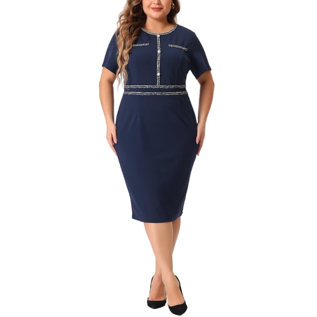 GRACE & GRANDEUR Robe Grande Taille pour Femmes à Boutons Col Ras du Cou Ajustée Bureau Moulante Robe Crayon Bleu Marine 1X