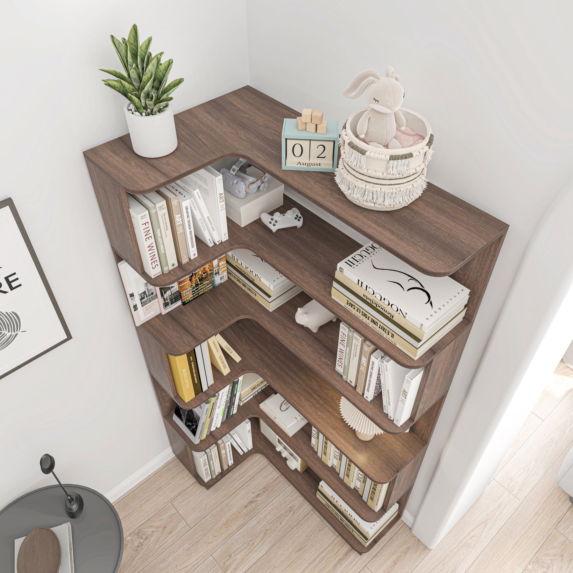 Leumius 5 Tier Freestanding L-Shaped Corner Bookshelf,Wooden Bookcase with Anti-drop Panel and Anti Tipping Device, Display shelf Open Storage,Dark Brown