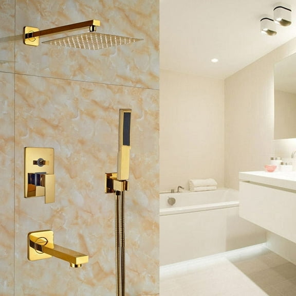 Juno Gold Square Widespread Contemporary 8 Inches Bathroom Shower with Hand-Held Shower
