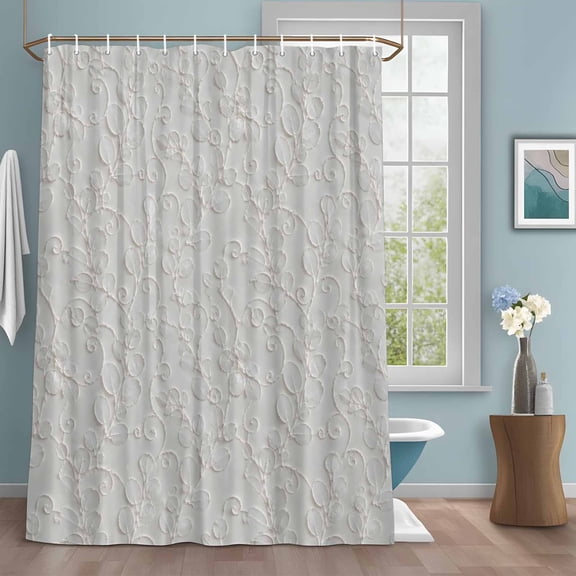Floral Scrolls Shower Curtain with Hooks, Damask Floral Leaves Embossed Texture White Water Repellent Shower Curtains for Bathroom Decor Sturdy Shower Curtain, Machine Washable 54x78 Inch