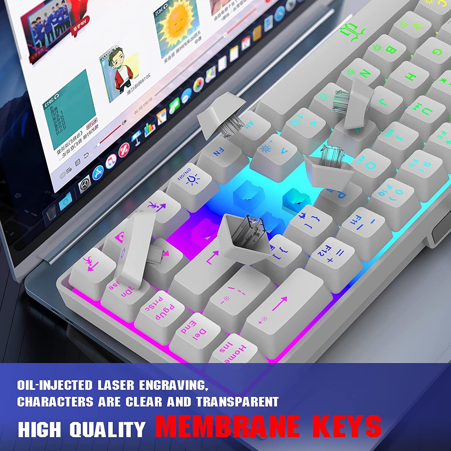 60% Percent Gaming Keyboard, Compact RGB Backlit Ergonomic Small Mini Keyboard for Windows, PC, Laptop, (68 Keys, White)