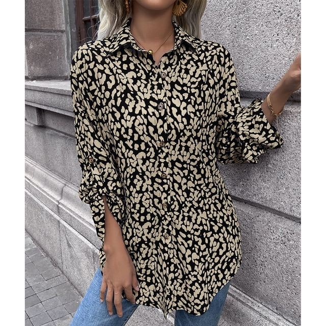 Camisa de manga larga para mujer, blusa para mujer, poliéster, estampado de leopardo, blusa con botones en la parte delantera para mujer, camisa para mujer, diseño de vanguardia