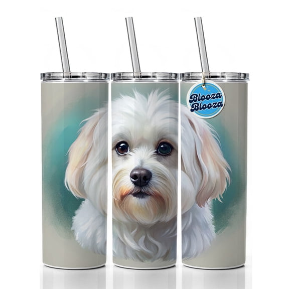 Maltese Dog Illustration 20oz Insulated Water Bottle Skinny Tumbler Includes Straw