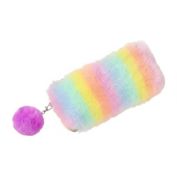 predolo Estuche de Peluche Arcoíris Gran Capacidad Estuche de Felpa con Pompón Tacto Tacto Agradable Lapicera Peluda Multicolor para Niñas, Adolescentes