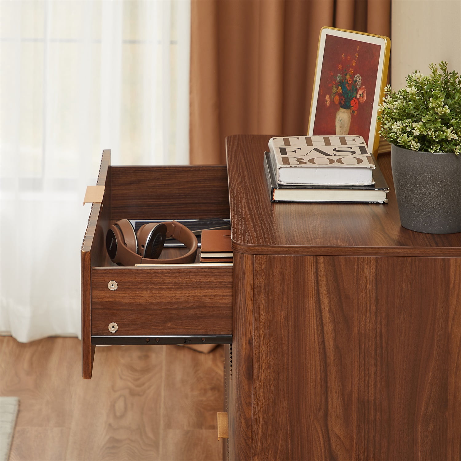 Hommoo Mid-Century Modern Fluted 3-Drawer Dresser, Tall Chest of Drawers with Silent Metal Glides, Rounded Edges & Sturdy Particleboard/MDF Construction for Bedroom or Living Room, Walnut
