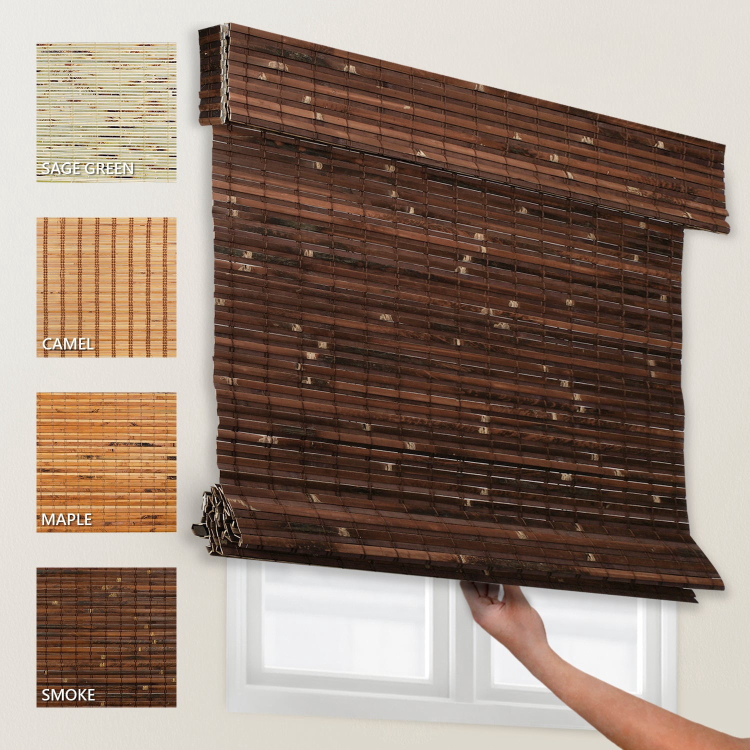 Natural Woven Light Filtering Cordless Bamboo Roman Shades for Windows, 30 in. W x 48 in. L, Smoke
