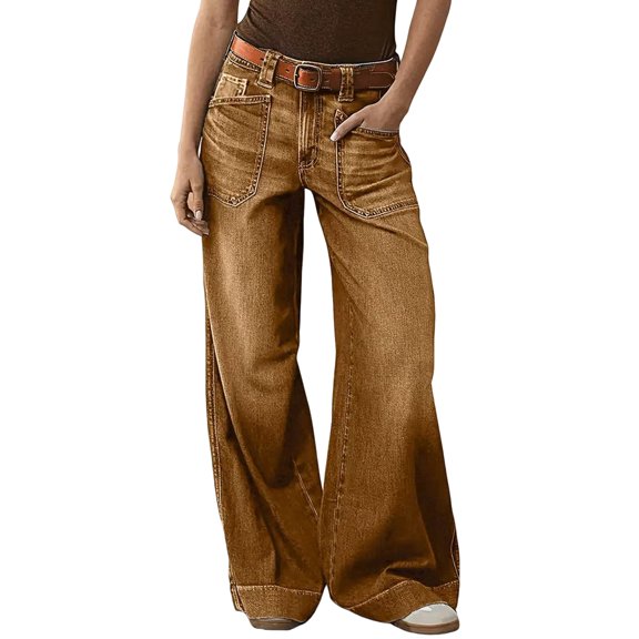 Womens Wide Straight Leg Mid Rise Baggy Pocket Denim Jeans Without Belt Dark Brown L