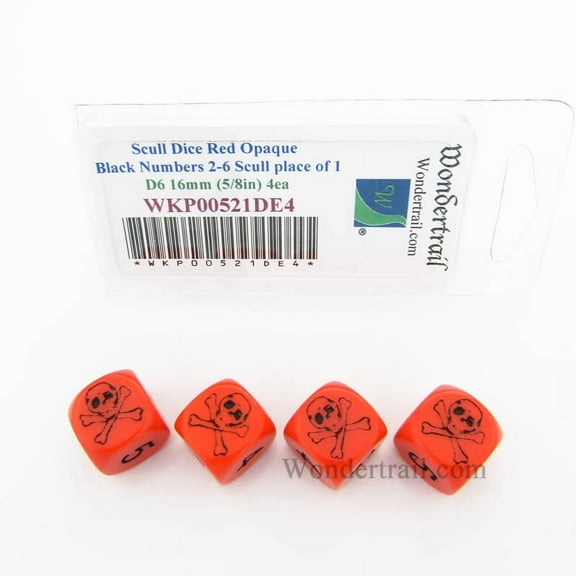 Skull Dice Red Opaque with Black Numbers D6 16mm (5/8in) Set of 4 Wondertrail