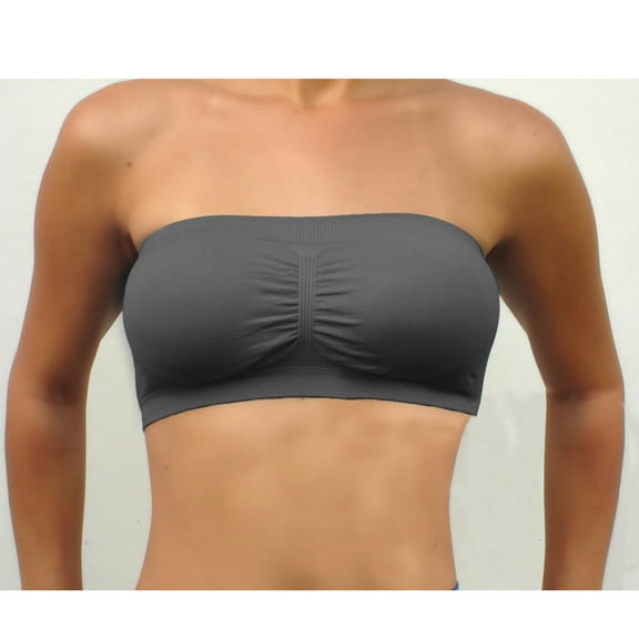 Womens Strapless Padded Bra Bandeau Tube Top Removable Pads Seamless Crop Grey