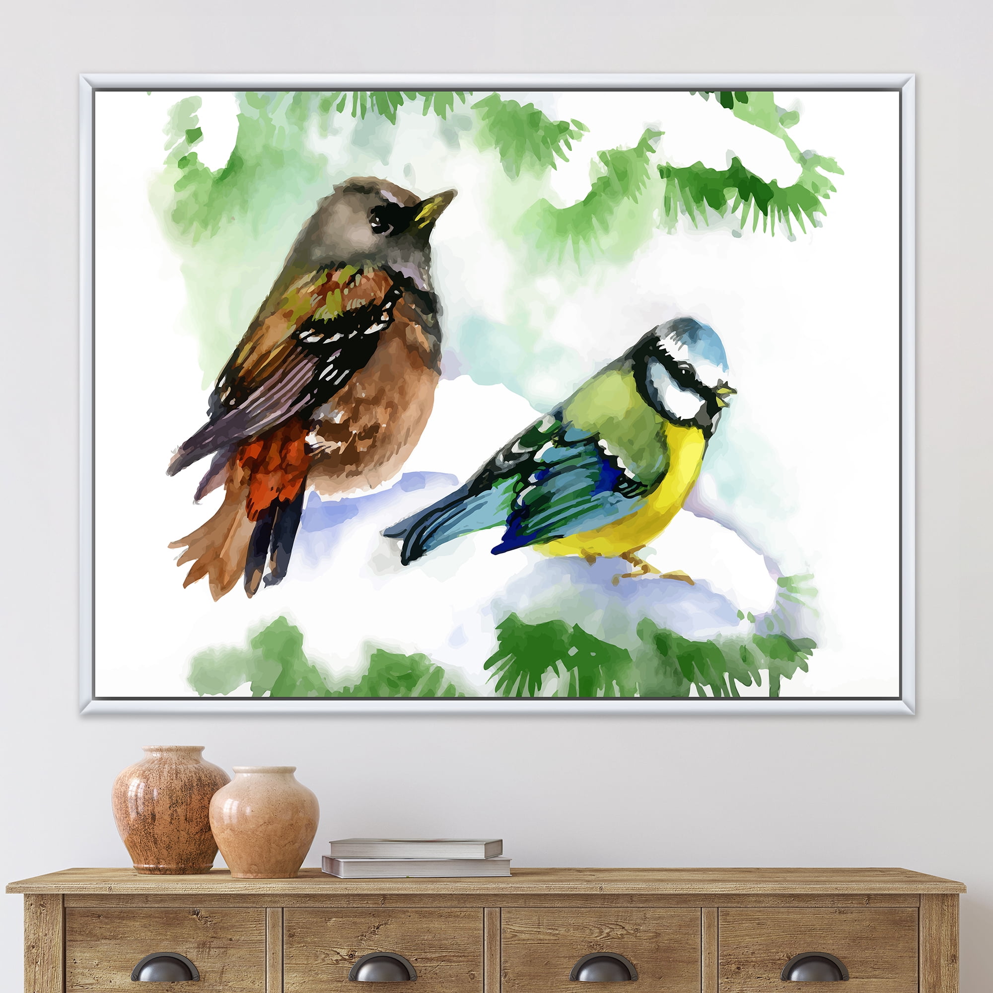 Designart 'Forest Birds Sitting On Snowy Fir Tree Branch' Traditional Framed Canvas Wall Art Print