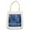 thumbnail image 1 of Winter Tote Bag, Swans Swimming Lake Dusk Forest Dramatic Idyllic Nature Icy Snowy Weather Rural Scene, Cloth Linen Reusable Bag for Shopping Books Beach and More, 16.5" X 14", Cream, by Ambesonne, 1 of 2