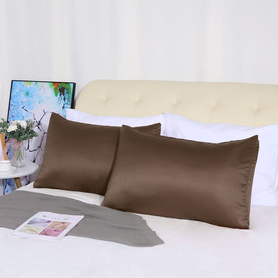 Unique Bargains Silky Satin Pillow Cases Covers Set of 2 Brown Travel