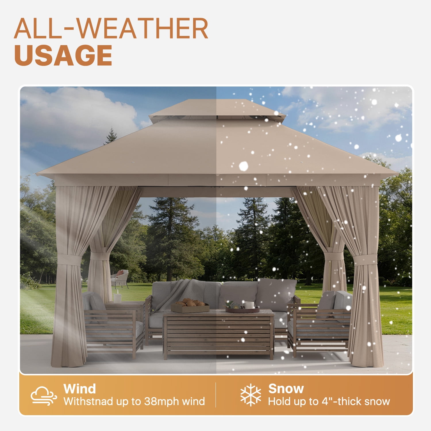 BaPiPro 10'x12' Patio Gazebo, Heavy Duty Double Roof Outdoor Canopy Tent, Mosquito Netting & Sidewall Curtains Included, UV/Wind Resistant Shelter for Garden, Deck, Backyard (Beige)
