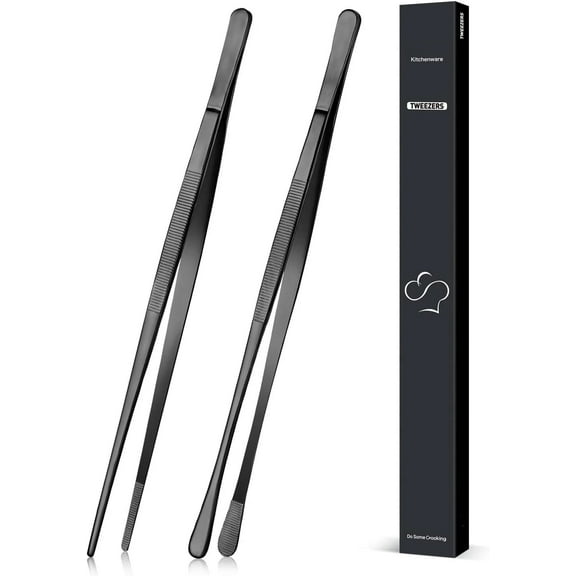 FGLHS 2 Pcs 12-inch Cooking Tweezers Tongs Precision Serrated Tips, Stainless Steel Professional Chef Tweezer Kitchen Tools for BBQ, Plating and Serving, Black