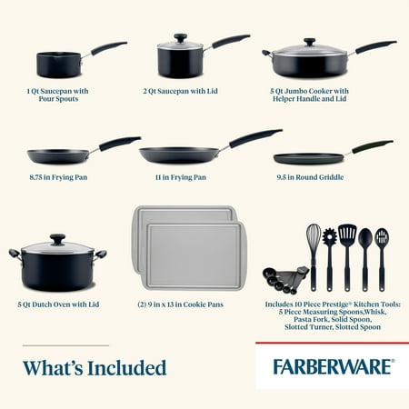 Farberware Easy Clean 22 Pcs Nonstick Cookware Set Includes Griddle Pan and Cooking Tools, Dishwasher Safe, Black