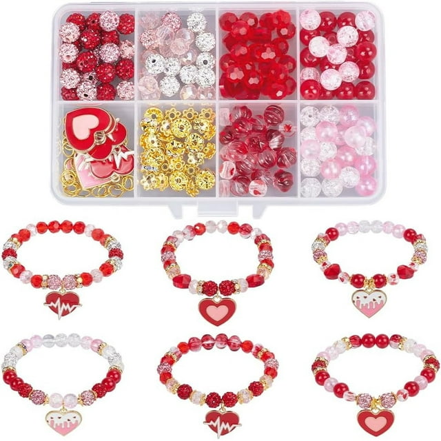 1 caja de 216 piezas DIY, 6 juegos de pulseras de San Valentín, dijes en forma de corazón, dijes de amor, cuentas de diamantes de imitación, románticas cuentas espaciadoras de vidrio rosa y rojo