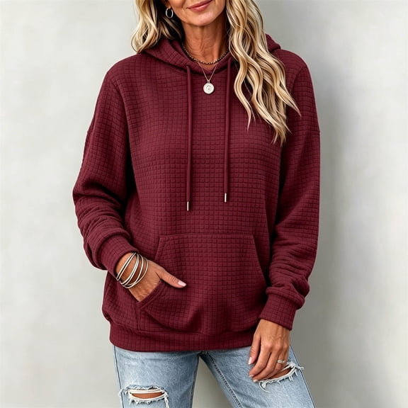 Trikvn Women's Quilted Pullover Hoodies Drawstring Sweatshirts with Kangaroo Pocket Long Sleeve Textured Casual Fall Tops Athletic Wear