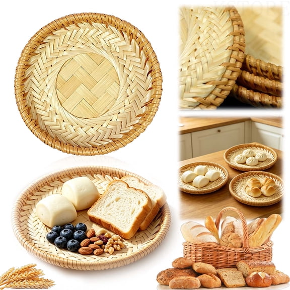 Handwoven Round Bamboo Bread Basket, Rustic Natural Wicker Serving Tray for Countertop, Lightweight Shallow Fruit & Snack Storage Organizer 6in,1pc