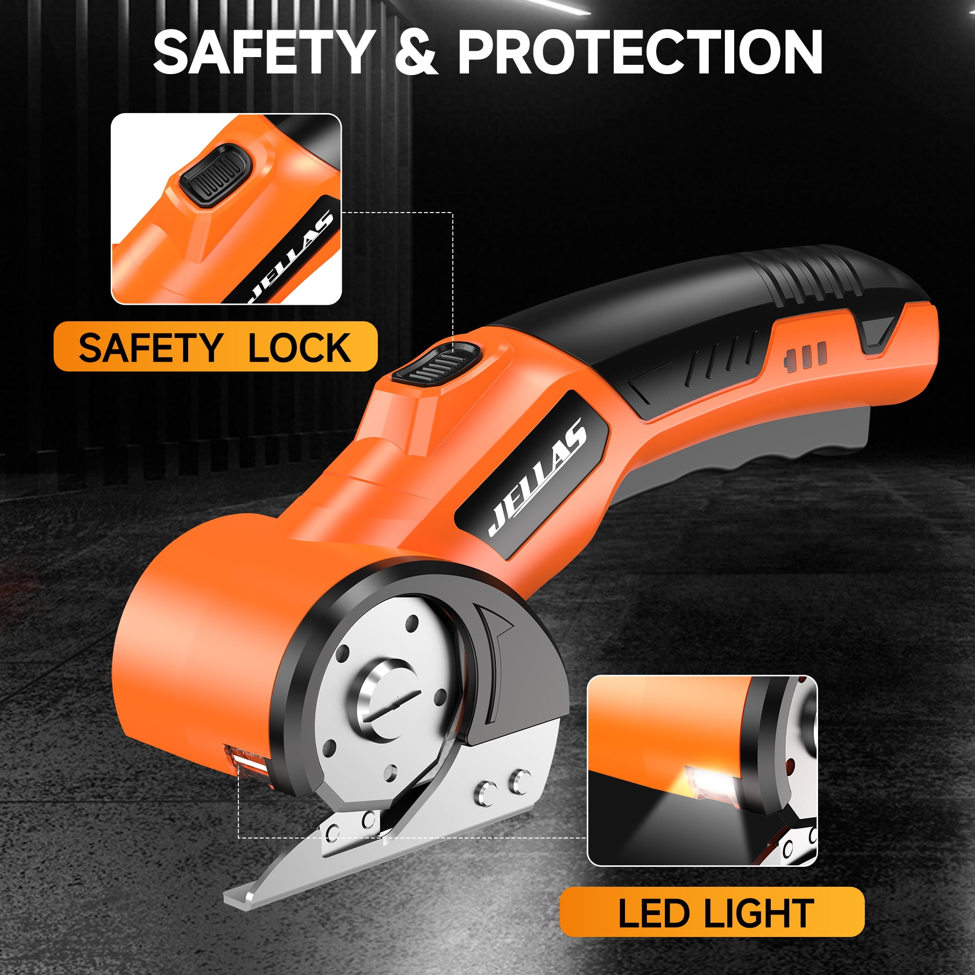 JELLAS Electric Scissors for Cardboard, Cordless Electric Scissors for Fabric, 4V Rechargeable Cardboard Box Cutter with Safety Lock & LED Light, Battery Scissor for Box, Fabric, Carpet, Plastic