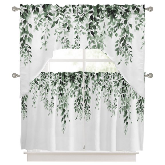 Curtains Swag and Tiers Curtains Set, Green Eucalyptus Valances with Kitchen Tier Curtain 36 Inches Long, Weeping Botanical Leaf Watercolor Swag Light Filtering Curtains for Sink/Laundry Room