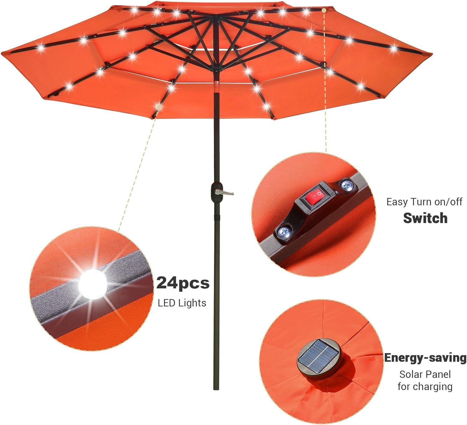 10x6.5 ft Outdoor Rectangle Solar Powered LED Patio Umbrella with Crank Tilt for Garden Backyard Table Market Pool, Red