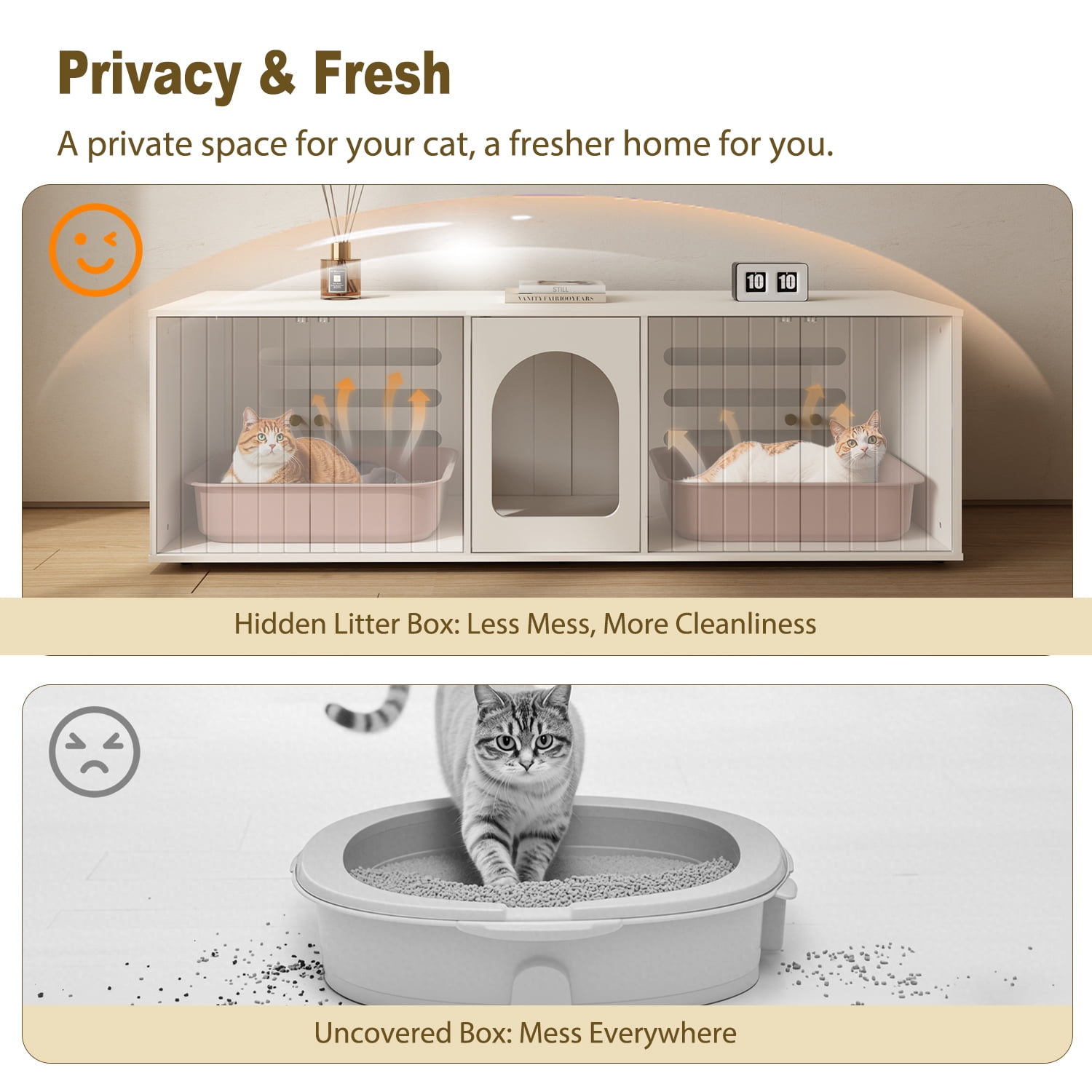 Cat Litter Box Enclosure for 2 Cats, Litter Box Furniture with Double Room, Central Entry, and Dual Use as TV Stand for Living Room, White (Grounded Version)