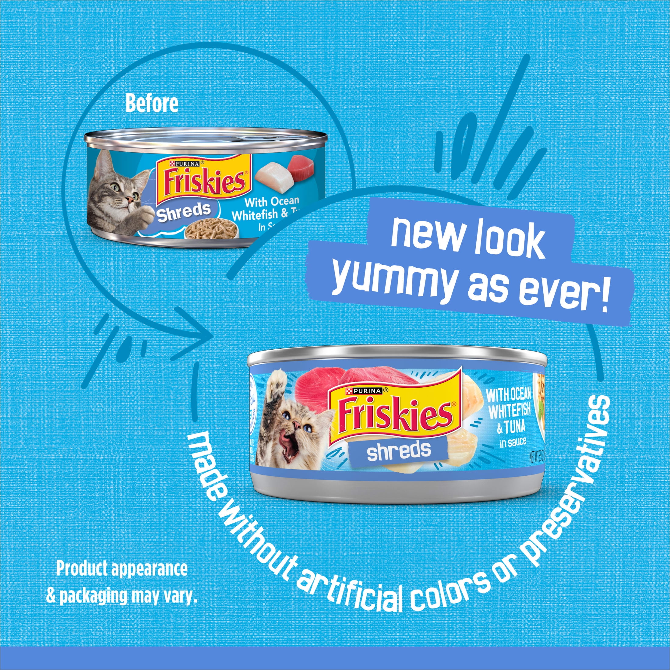 (24 pack) Purina Friskies Shreds, Ocean Whitefish and Tuna in Sauce, Wet Cat Food, 5.5 oz Can