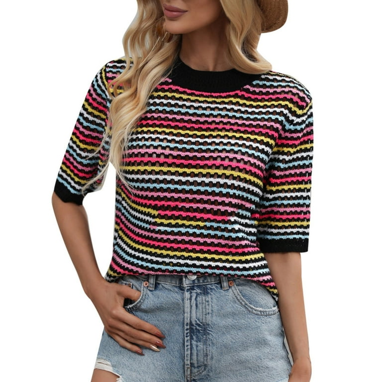 PMUYBHF Female Crewneck Sweater Women Womens Fashion Long Sleeve Striped  Color Block Knitted Sweater Crew Neck Loose Pullover Jumper Tops L 
