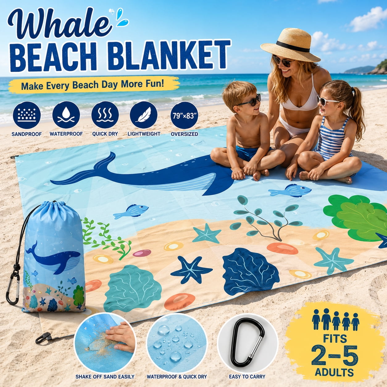 D.SLOATE Whale Beach Blanket 79 x 83 Inch, Sandproof Waterproof Beach Mat for Kids & Family, Quick Dry Foldable Picnic Blanket with Storage Bag, 4 Ground Stakes & Carabiner, Ocean Print